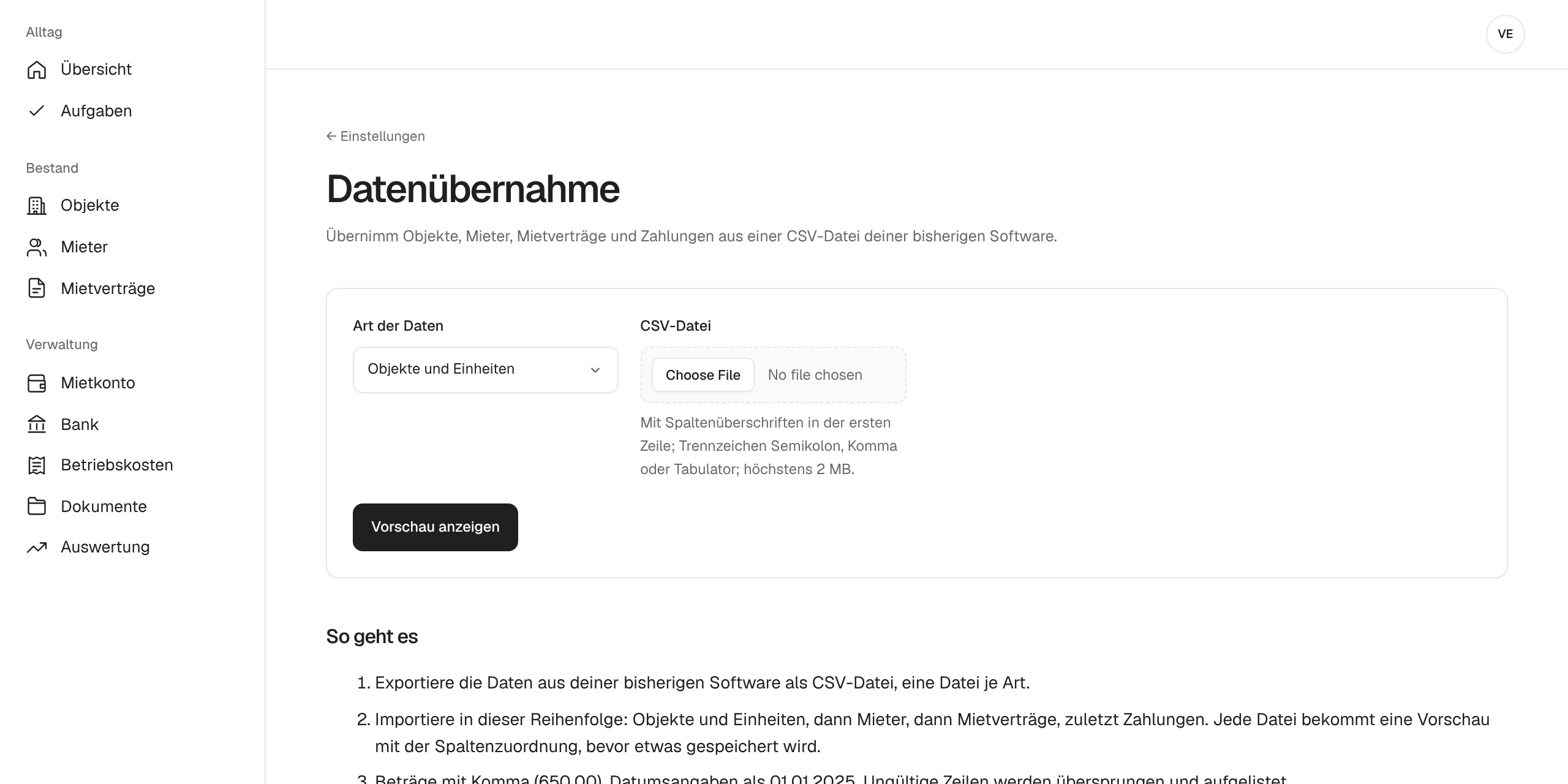 Datenübernahme in mietkartei mit Auswahl der Datenart und der CSV-Datei