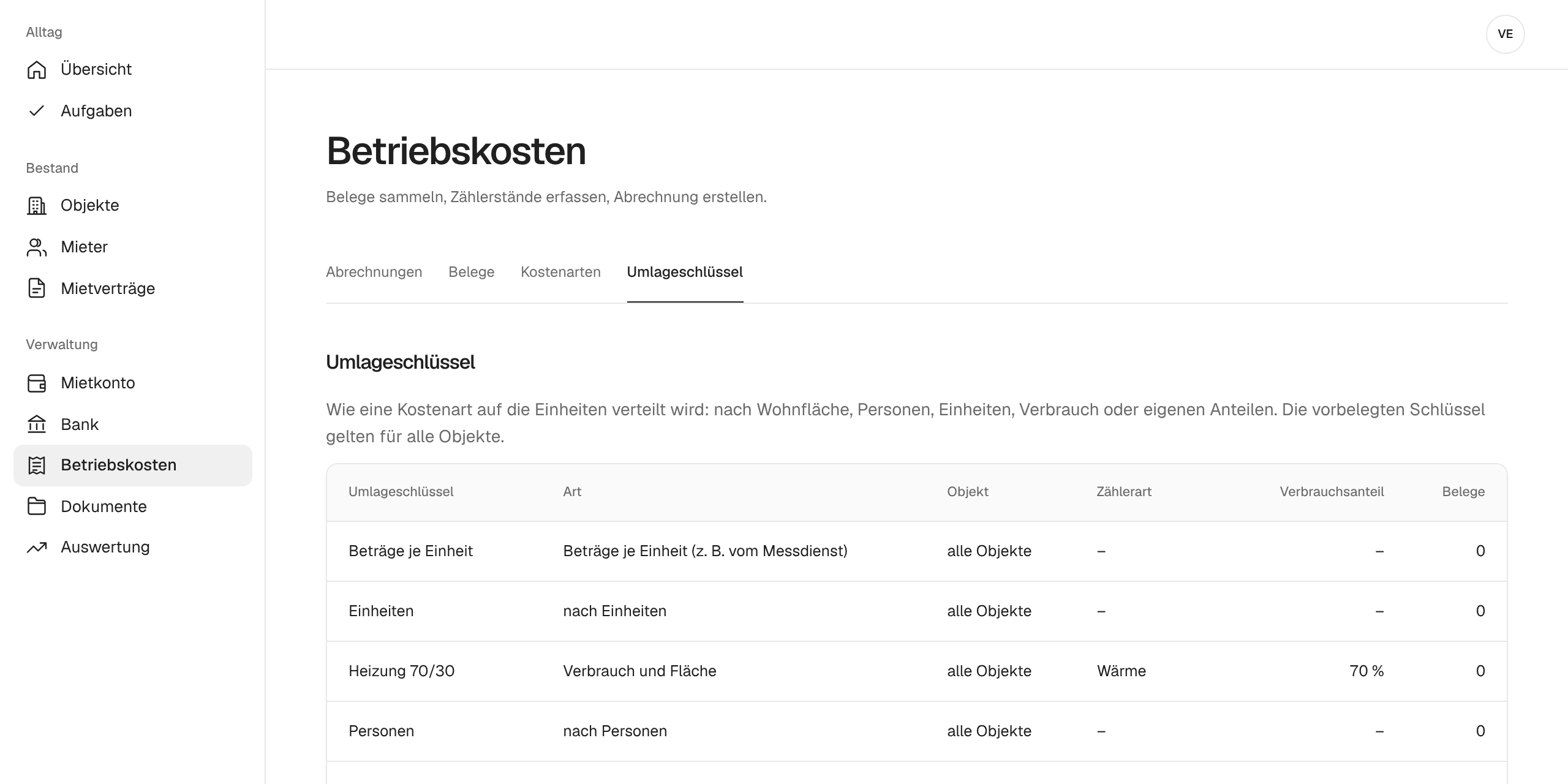 Liste der Umlageschlüssel in mietkartei mit Art, Objekt, Zählerart und Verbrauchsanteil